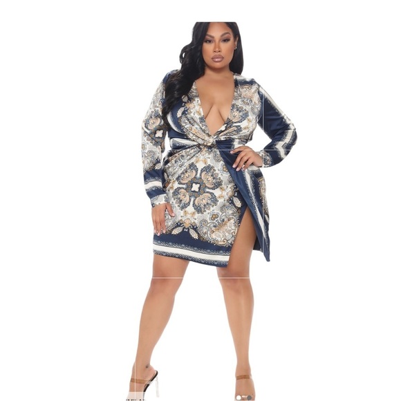 FASHION NOVA “Whole Lotta Class” Deluxe Satin Mini Dress in Navy/ Gold Sz 3X - Picture 1 of 7